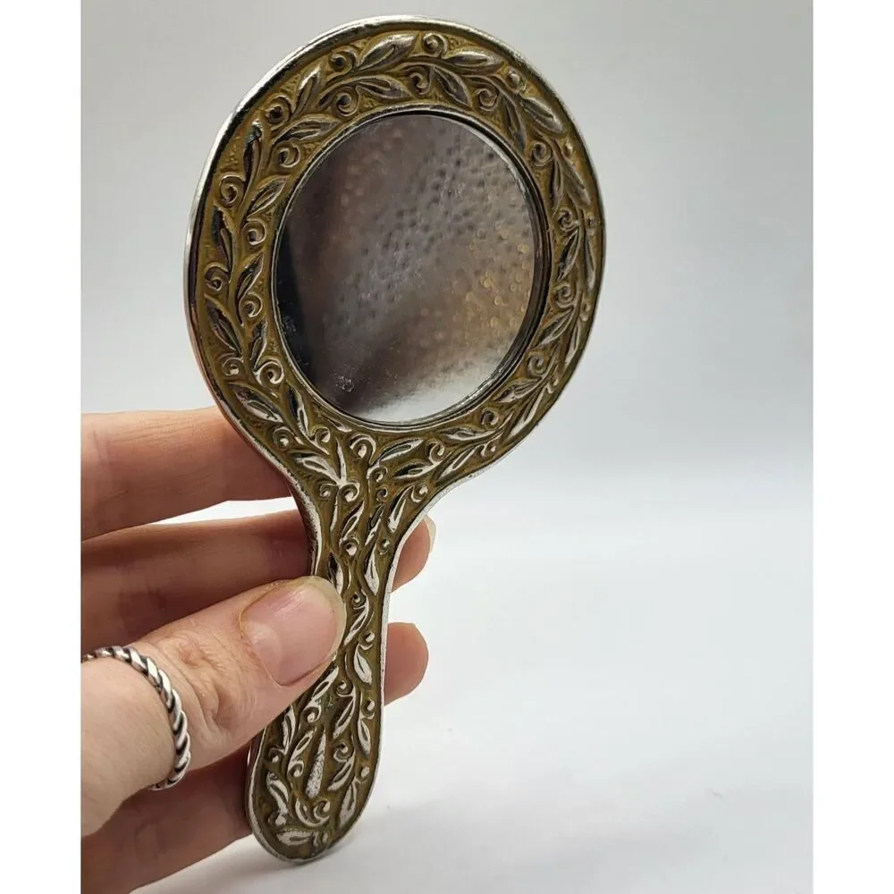 Antique Ornate Silver Plated Hand Mirror Vanity 5.5in
